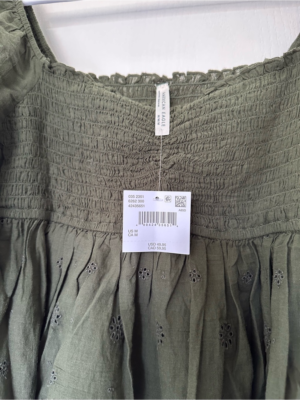 NWT American Eagle Olive Green Long Sleeve Eyelet Peplum Blouse Smocked Boho M - Picture 4 of 7